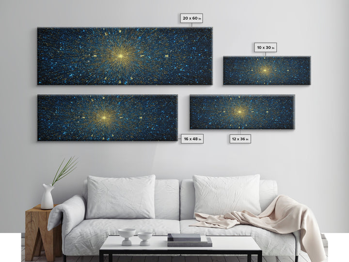 Golden Core Light Speed Canvas Print, Blue Galaxy Abstract Wall Decor, Modern Space Poster, Cosmic Panoramic Digital Artwork