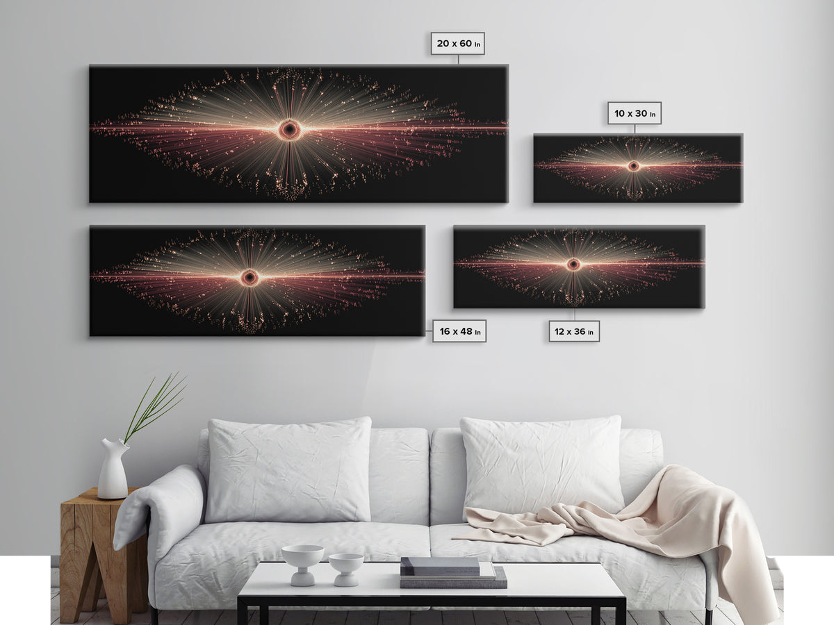 Red Black Hole Particle Burst Framed Canvas Print, Cosmic Retro Wall Art, Modern Abstract Art Print, Dark Space Decor Poster