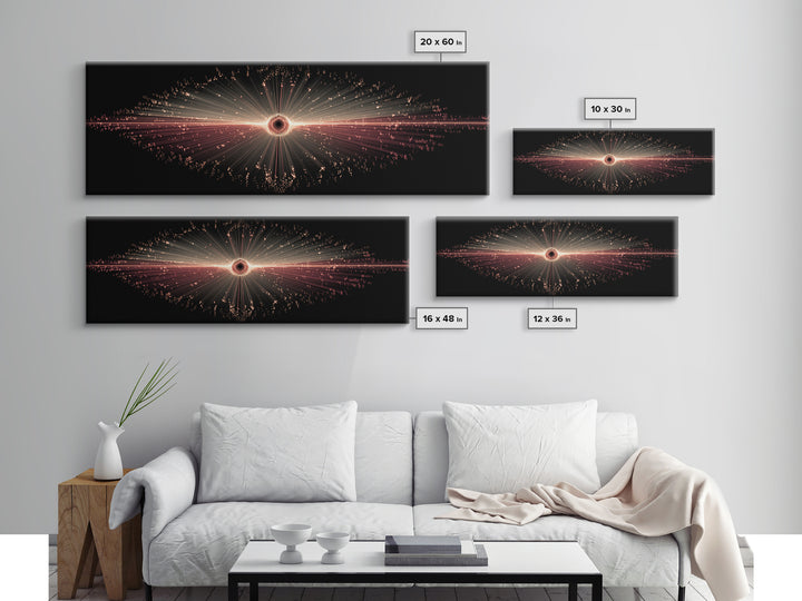 Red Black Hole Particle Burst Framed Canvas Print, Cosmic Retro Wall Art, Modern Abstract Art Print, Dark Space Decor Poster