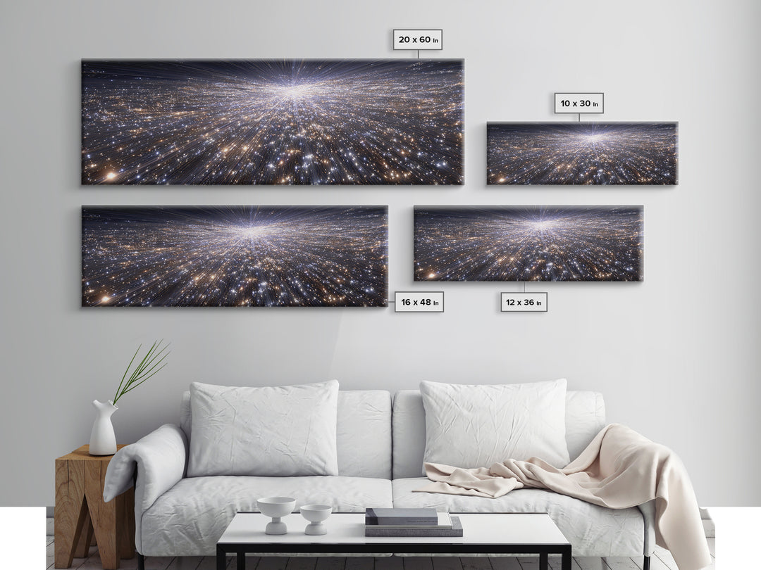 Silver Sparkling Starfield Wall Art, Modern Cosmic Canvas Print, Space Abstract Art, Panoramic Poster, Living Room Decor