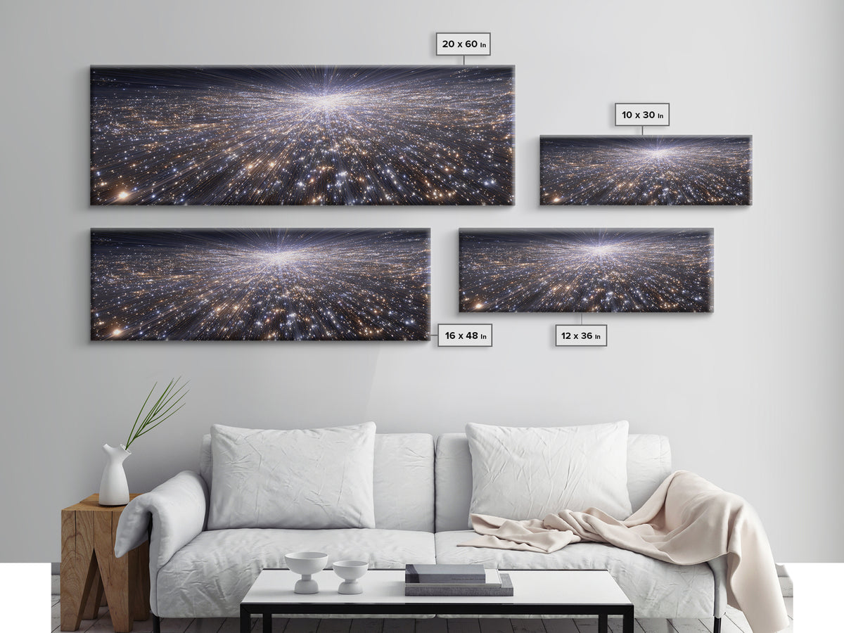 Silver Sparkling Starfield Wall Art, Modern Cosmic Canvas Print, Space Abstract Art, Panoramic Poster, Living Room Decor