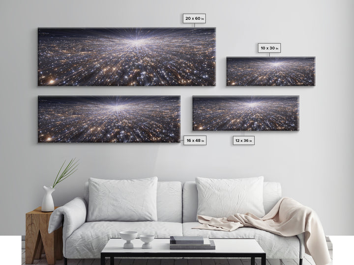 Silver Sparkling Starfield Wall Art, Modern Cosmic Canvas Print, Space Abstract Art, Panoramic Poster, Living Room Decor