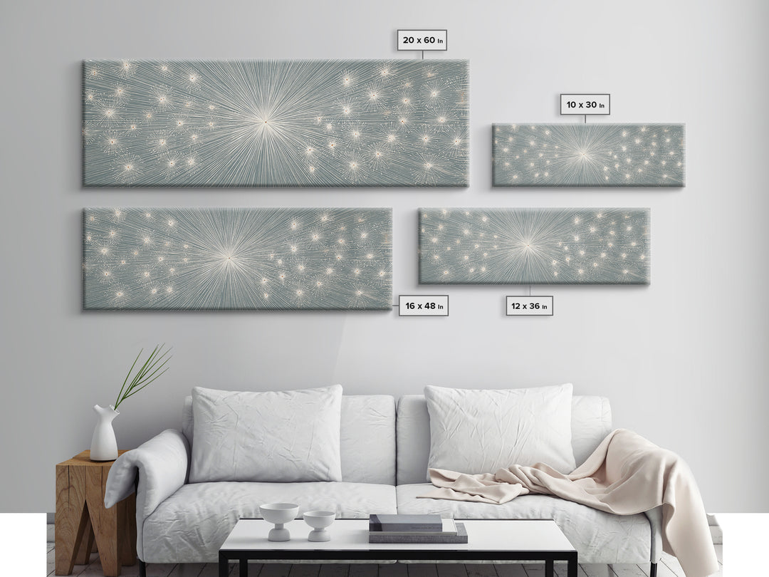 Radiant Silver Starburst Dotted Abstract Wall Art, Midcentury Modern Art Print, Atomic Retro Office Decor, Large Canvas Print