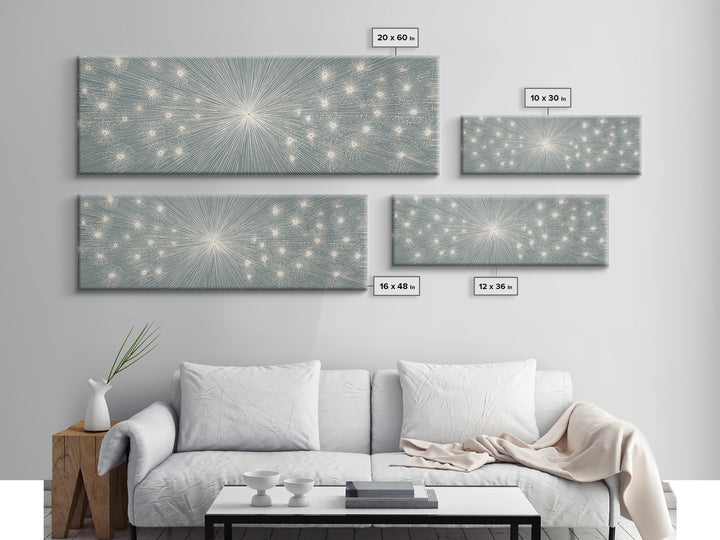 Radiant Silver Starburst Dotted Abstract Wall Art, Midcentury Modern Art Print, Atomic Retro Office Decor, Large Canvas Print