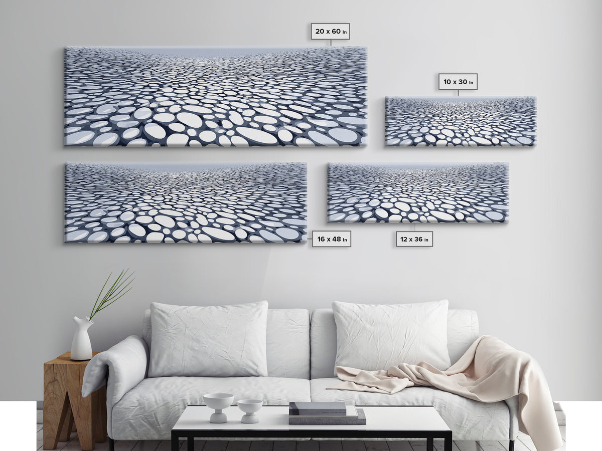 Blue White Pebble Horizon Perspective Canvas Print, Abstract Wall Art, Modern Geometric Decor For Office And Living Room