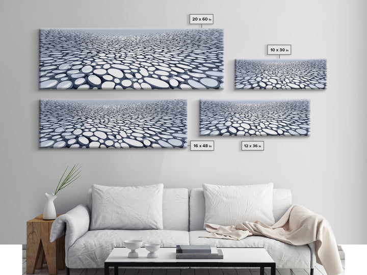 Blue White Pebble Horizon Perspective Canvas Print, Abstract Wall Art, Modern Geometric Decor For Office And Living Room