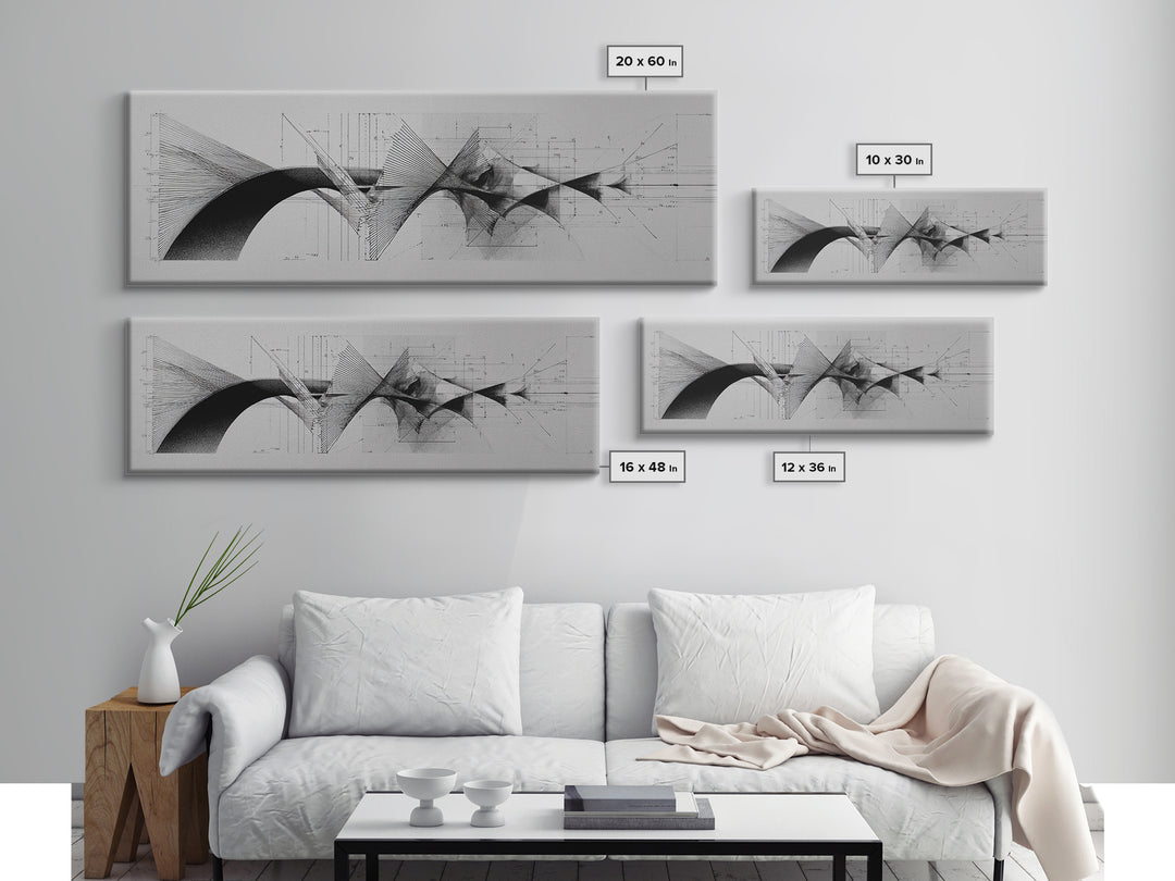 Monochrome Architectural Arcs And Lines Wall Art, Midcentury Modern Abstract Print, Black White Office Decor, Framed Canvas Print