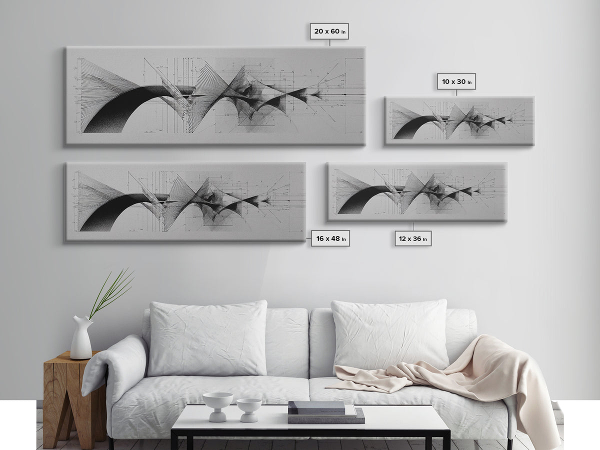 Monochrome Architectural Arcs And Lines Wall Art, Midcentury Modern Abstract Print, Black White Office Decor, Framed Canvas Print