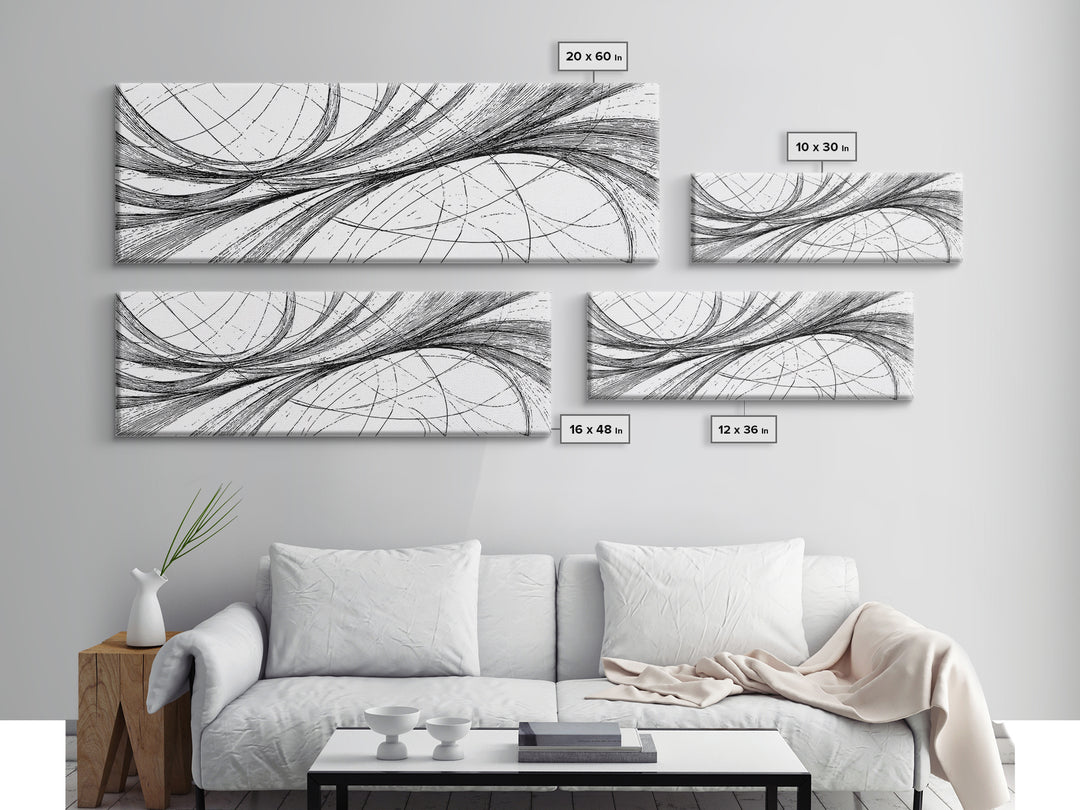 Sweeping Black White Ellipse Line Canvas Print, Modern Abstract Wall Art, Minimalist Geometric Office And Home Decor Print