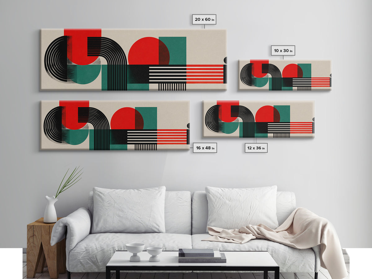 Bauhaus Red Teal Geometric Shapes Framed Canvas Print, Midcentury Modern Wall Art, Atomic Retro Home Decor, Bold Colorblock Art Print