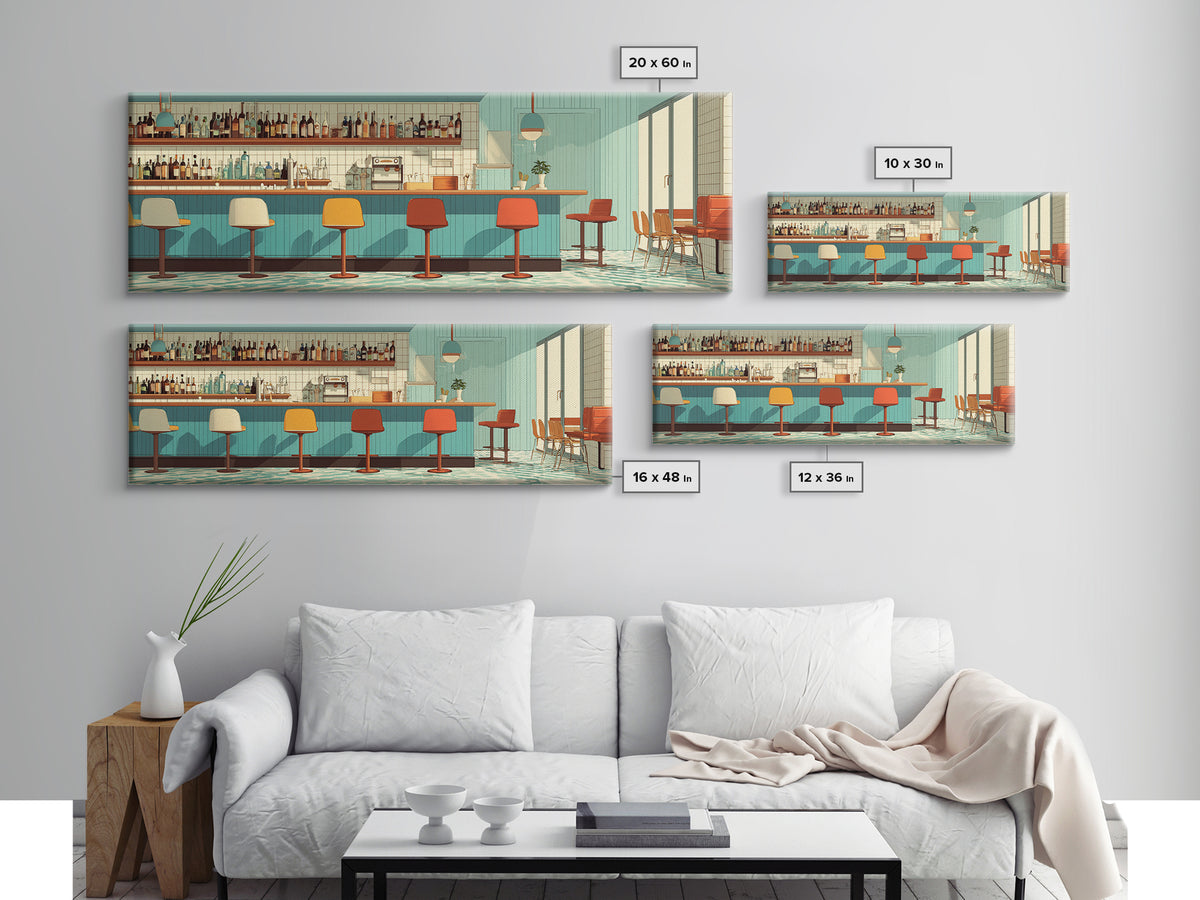 Sunlit Teal Bar With Orange Stools Framed Canvas Print, Mid Century Modern Decor, Retro Wall Art, Kitchen Poster, Large Prints