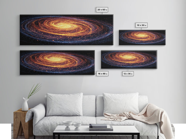 Glowing Spiral Galaxy In Orange And Blue Canvas Print, Cosmic Retro Art, Space Abstract Art, Modern Wall Decor, Panoramic Living Room Art