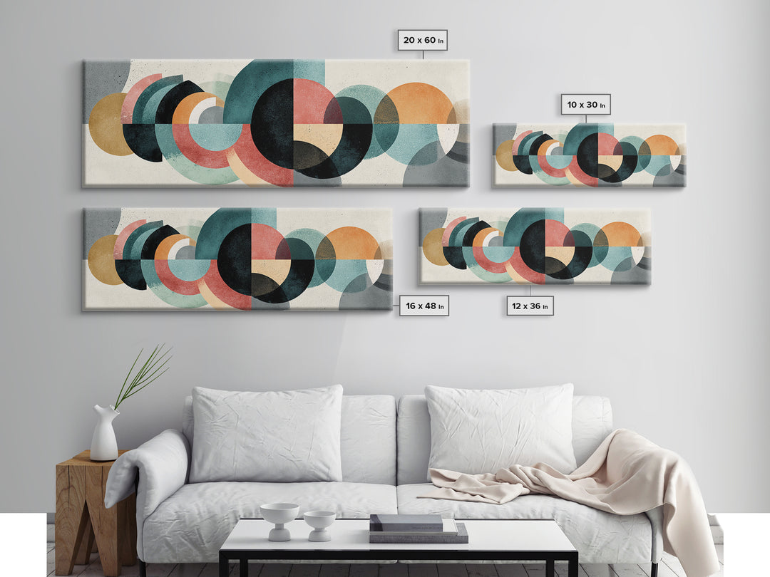 Layered Teal Coral Mustard Circle Wall Art, Midcentury Modern Abstract Art, Bauhaus Geometric Decor, Framed Canvas Print