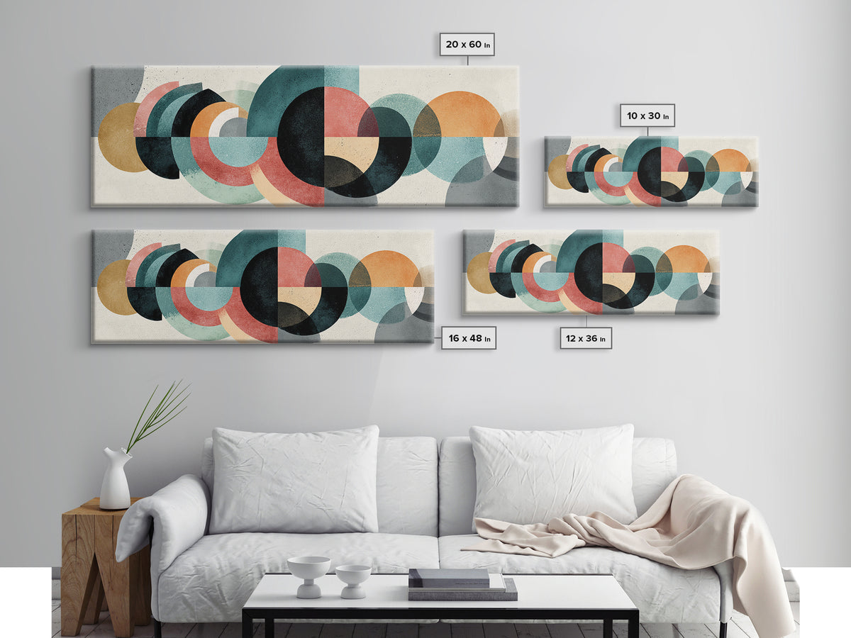 Layered Teal Coral Mustard Circle Wall Art, Midcentury Modern Abstract Art, Bauhaus Geometric Decor, Framed Canvas Print