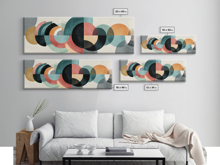 Layered Teal Coral Mustard Circle Wall Art, Midcentury Modern Abstract Art, Bauhaus Geometric Decor, Framed Canvas Print