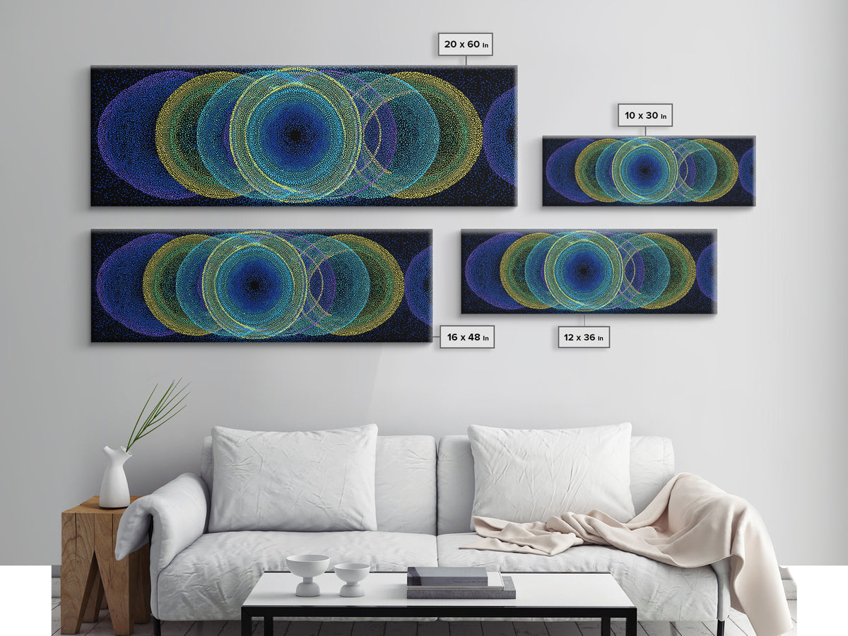 Neon Blue Green Overlapping Circles Canvas Print, Modern Abstract Art, Retro Geometric Wall Decor, Colorful Office Wall Art