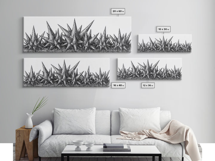 Black Spiky Crystal Landscape Wall Art, Minimalist Abstract Line Art, Monochrome Modern Wall Decor, Framed Canvas Print Gift