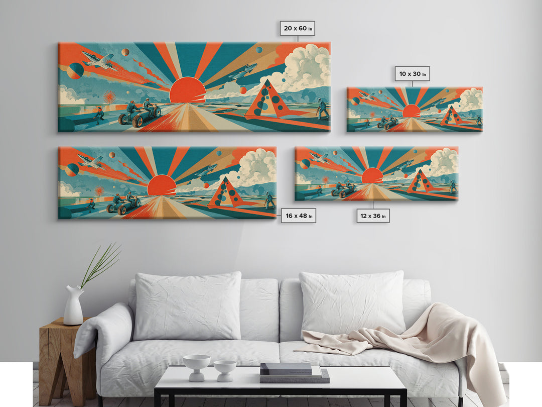 Retro Futurist Desert Sunrise With Jets And Rover Wall Art, Midcentury Modern Space Poster, Atomic MCM Decor, Sci Fi Print