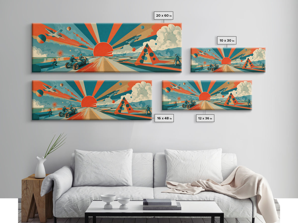 Retro Futurist Desert Sunrise With Jets And Rover Wall Art, Midcentury Modern Space Poster, Atomic MCM Decor, Sci Fi Print