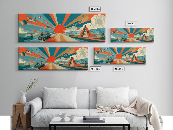 Retro Futurist Desert Sunrise With Jets And Rover Wall Art, Midcentury Modern Space Poster, Atomic MCM Decor, Sci Fi Print