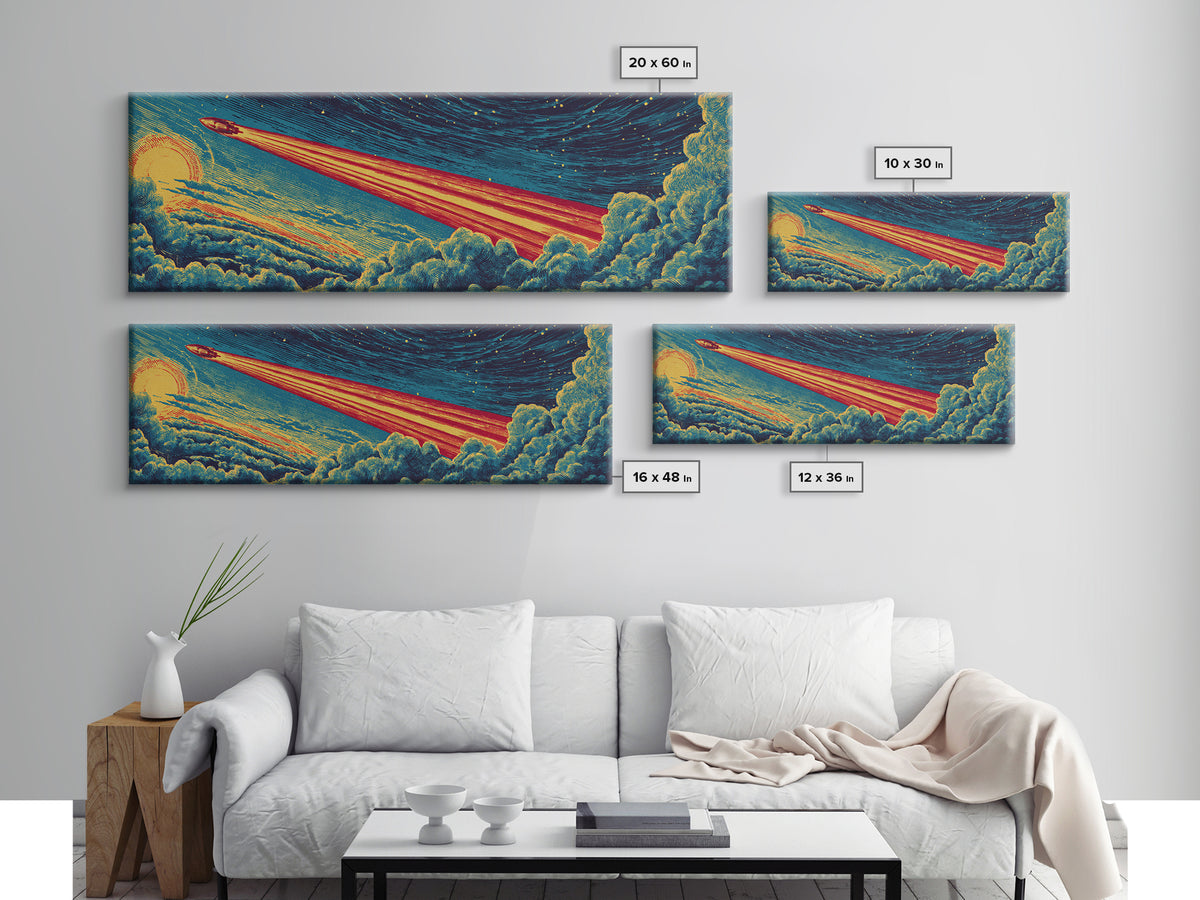 Rocket Blazing Through Night Clouds Framed Canvas Print, Midcentury Modern Space Art, Retro Sci Fi Poster, Cosmic Wall Decor