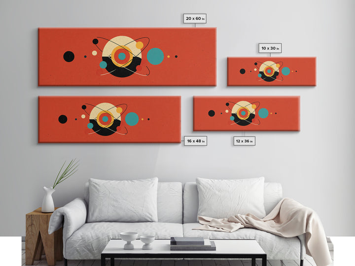 Red Atomic Abstract With Orbiting Circles Canvas Print, Midcentury Modern Wall Art, Geometric MCM Poster, Retro Home Decor