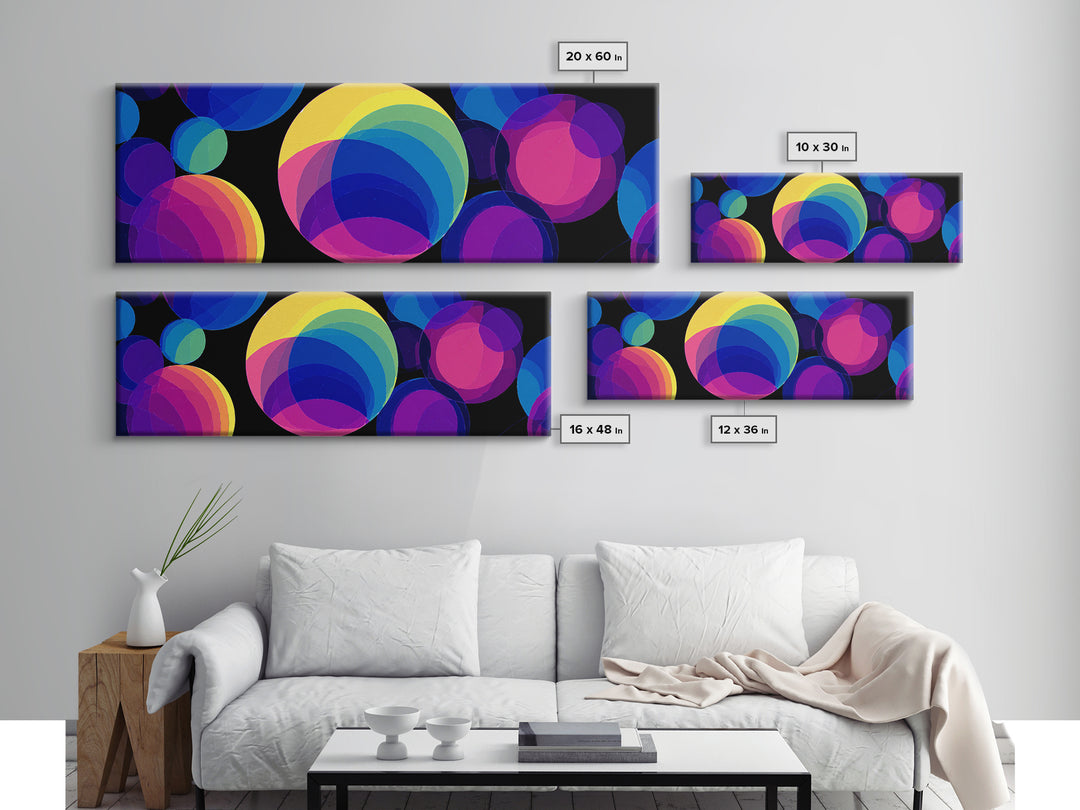 Colorful Overlapping Bubble Circles On Black Wall Art, Modern Abstract Art Print, Midcentury Pop Decor, Retro Geometric Poster