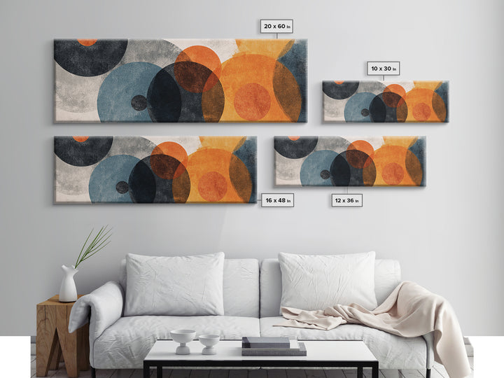 Textured Overlapping Gray Blue And Orange Circles Canvas Print, Modern Abstract Wall Art, Geometric MCM Decor, Neutral Poster