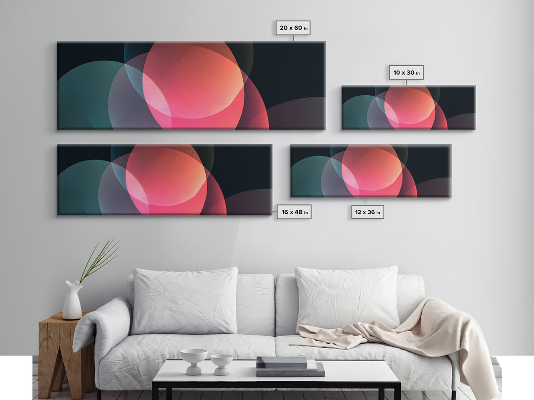 Glowing Translucent Neon Circles On Dark Framed Canvas Print, Modern Abstract Wall Art, Geometric Poster, Colorful Decor