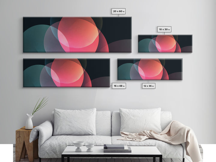 Glowing Translucent Neon Circles On Dark Framed Canvas Print, Modern Abstract Wall Art, Geometric Poster, Colorful Decor