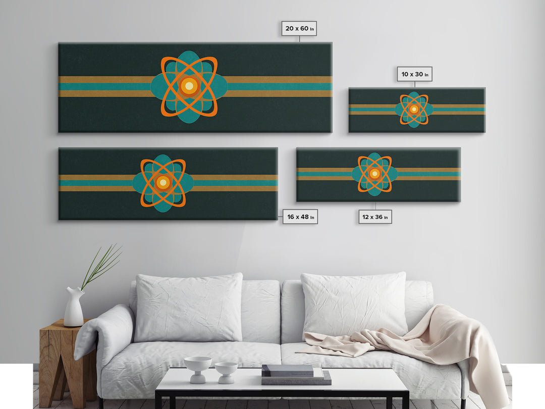 Orange And Teal Atomic Symbol Wall Art, Mid Century Modern Decor, Retro Sci Fi Poster, Space Abstract Art, Modern Art Print