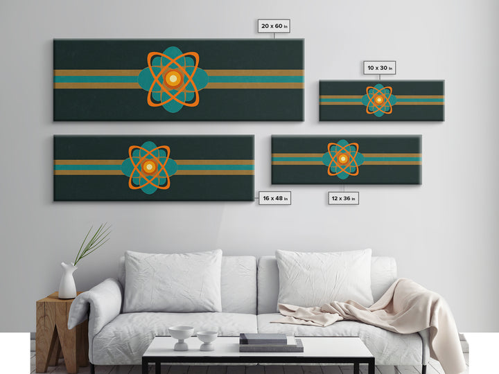 Orange And Teal Atomic Symbol Wall Art, Mid Century Modern Decor, Retro Sci Fi Poster, Space Abstract Art, Modern Art Print
