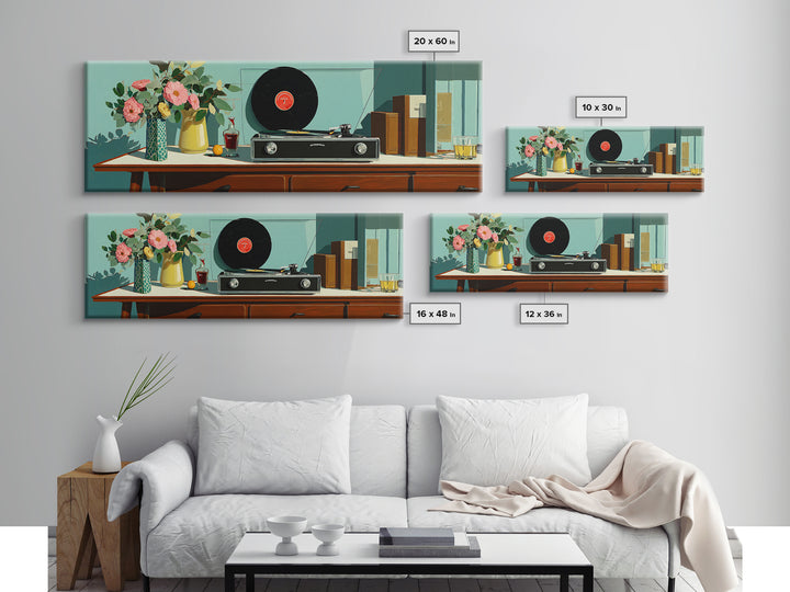 Teal Vinyl And Flower Console Canvas Print, Mid Century Modern Wall Decor, Record Player Art Print, Retro Living Room Decor