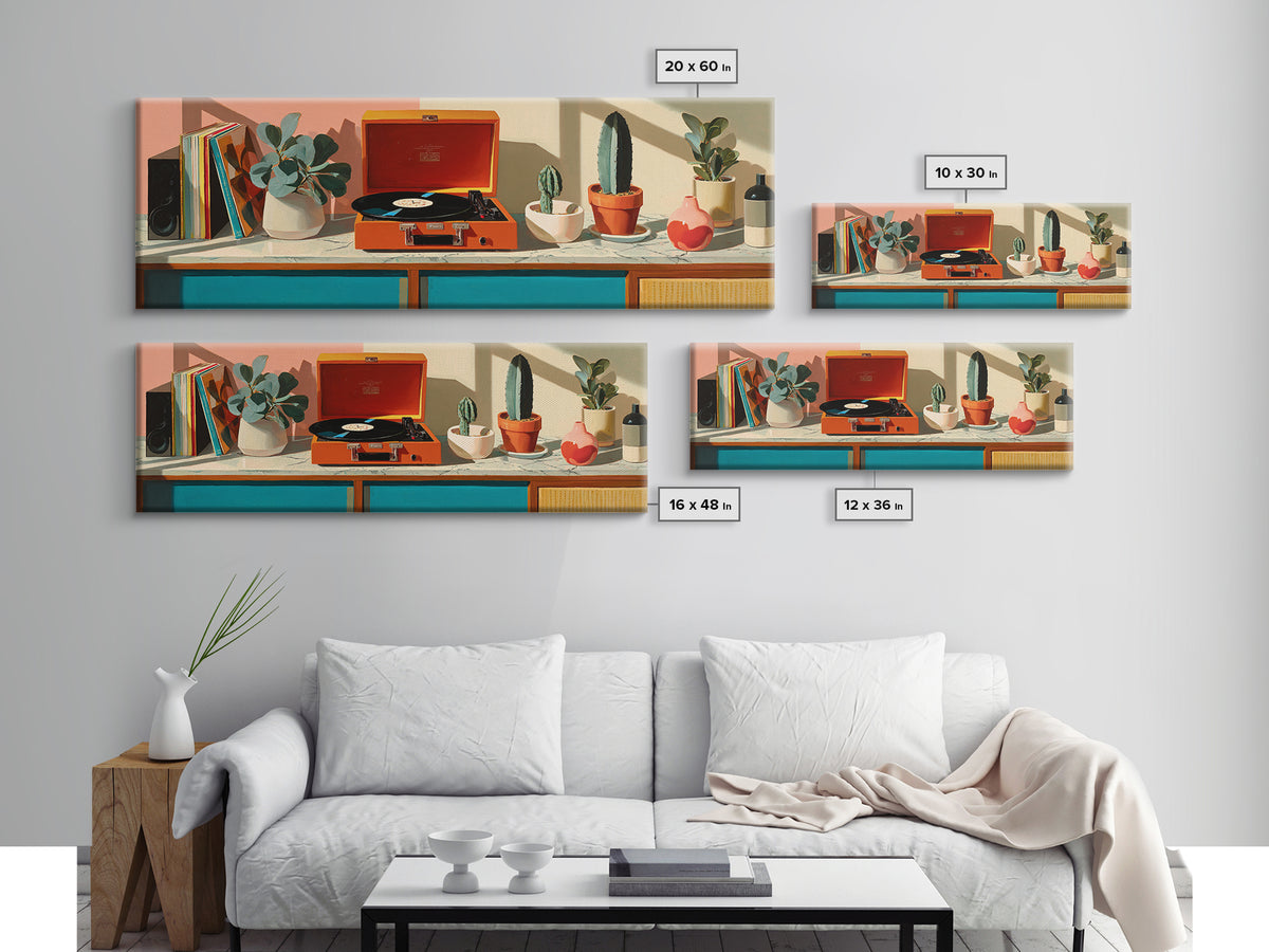 Orange Portable Record Player Wall Art, Mid Century Modern Shelf Decor, Cactus Vinyl Print, Retro Music Room Home Decor Poster