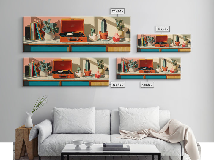 Orange Portable Record Player Wall Art, Mid Century Modern Shelf Decor, Cactus Vinyl Print, Retro Music Room Home Decor Poster