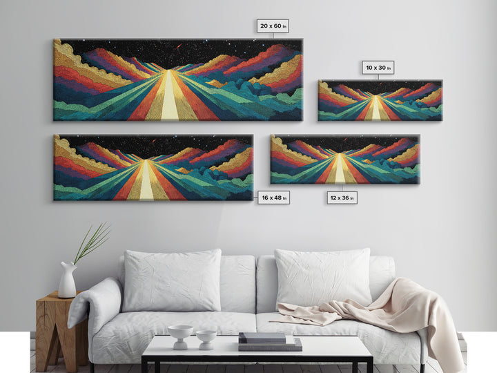 Cosmic Rainbow Mountain Road Canvas Print, Mid Century Modern Space Landscape Art, Retro Sci Fi Wall Decor, Colorful Poster