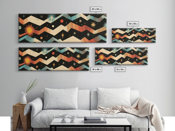 Starry Zigzag Space Abstract Canvas Print, Mid Century Modern Atomic Art, Retro Geometric Wall Decor, Colorful Cosmic Poster