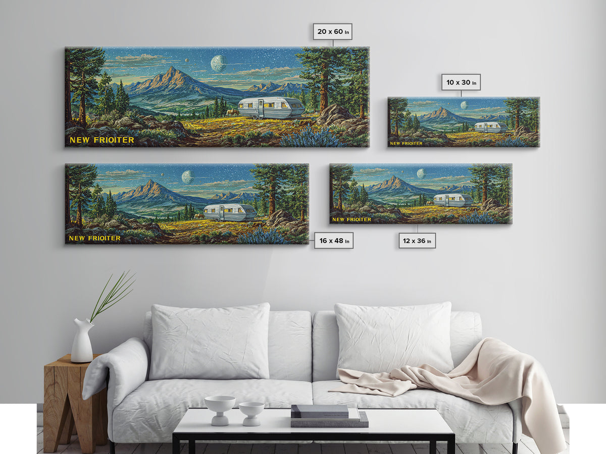 New Frontier Camper Mountain Canvas Print, Retro Travel Wall Art, Midcentury Modern Landscape Poster, Rustic Cabin Decor Gift