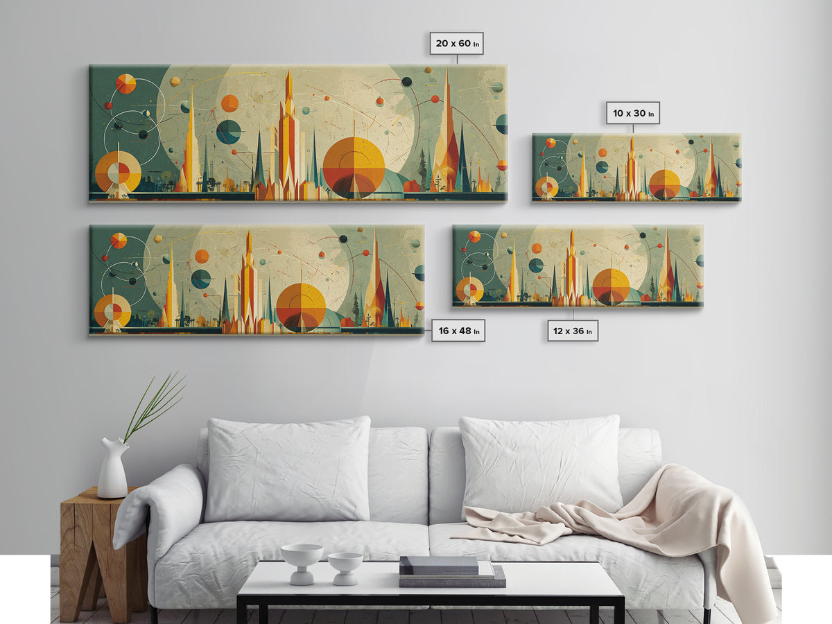 Atomic Future City Skyline Wall Art, Midcentury Modern Abstract Print, Retro Space Age Decor, Orange Blue Geometric Poster