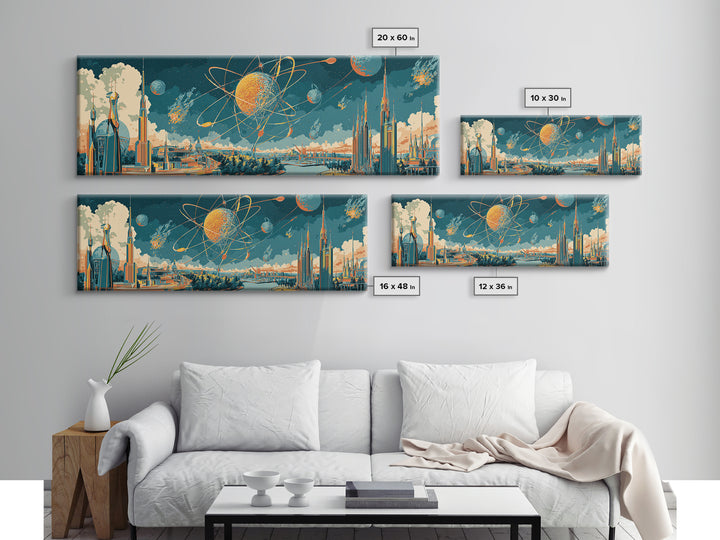 Retro Futuristic Space City Canvas Print, Atomic Planet Wall Art, Midcentury Modern Skyline Poster, Sci Fi Office Decor Gift