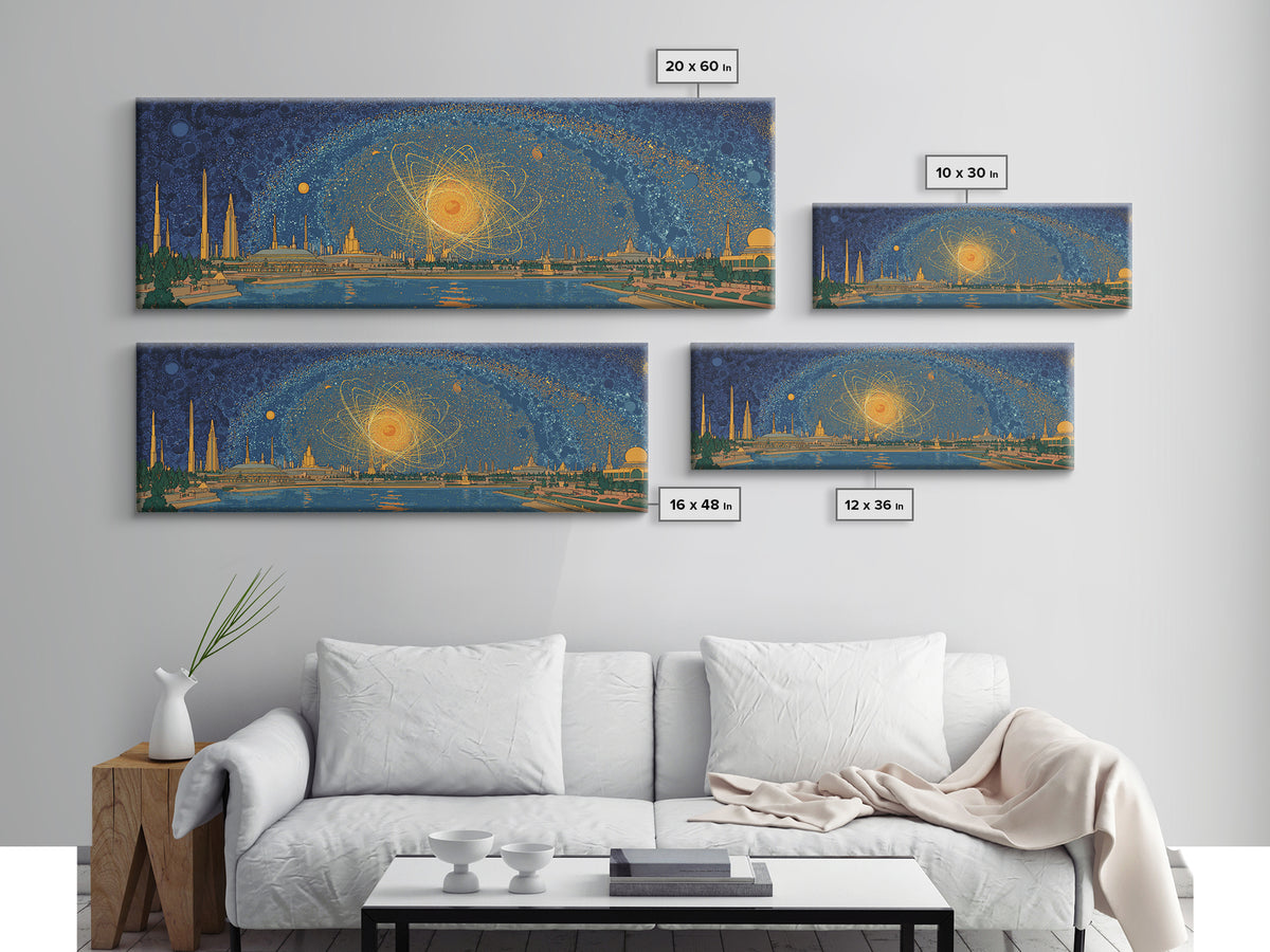 Golden Cosmic Skyline Wall Art, Midcentury Modern Abstract Print, Retro Space Age Poster, Blue Orange Living Room Home Decor