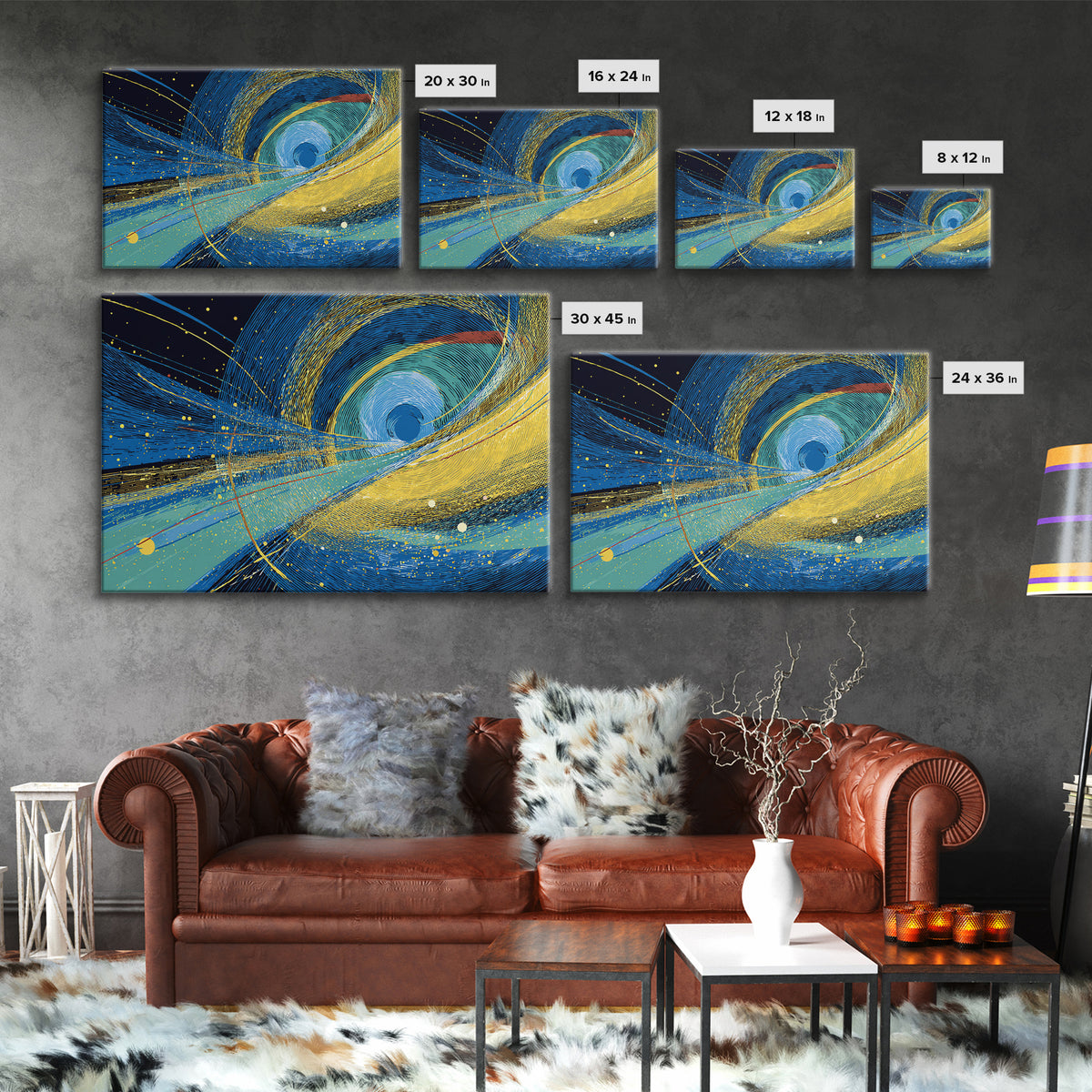 Blue Yellow Cosmic Vortex Abstract Wall Art, Modern Geometric Space Print, Midcentury Decor, Large Canvas Print, Living Room Decor
