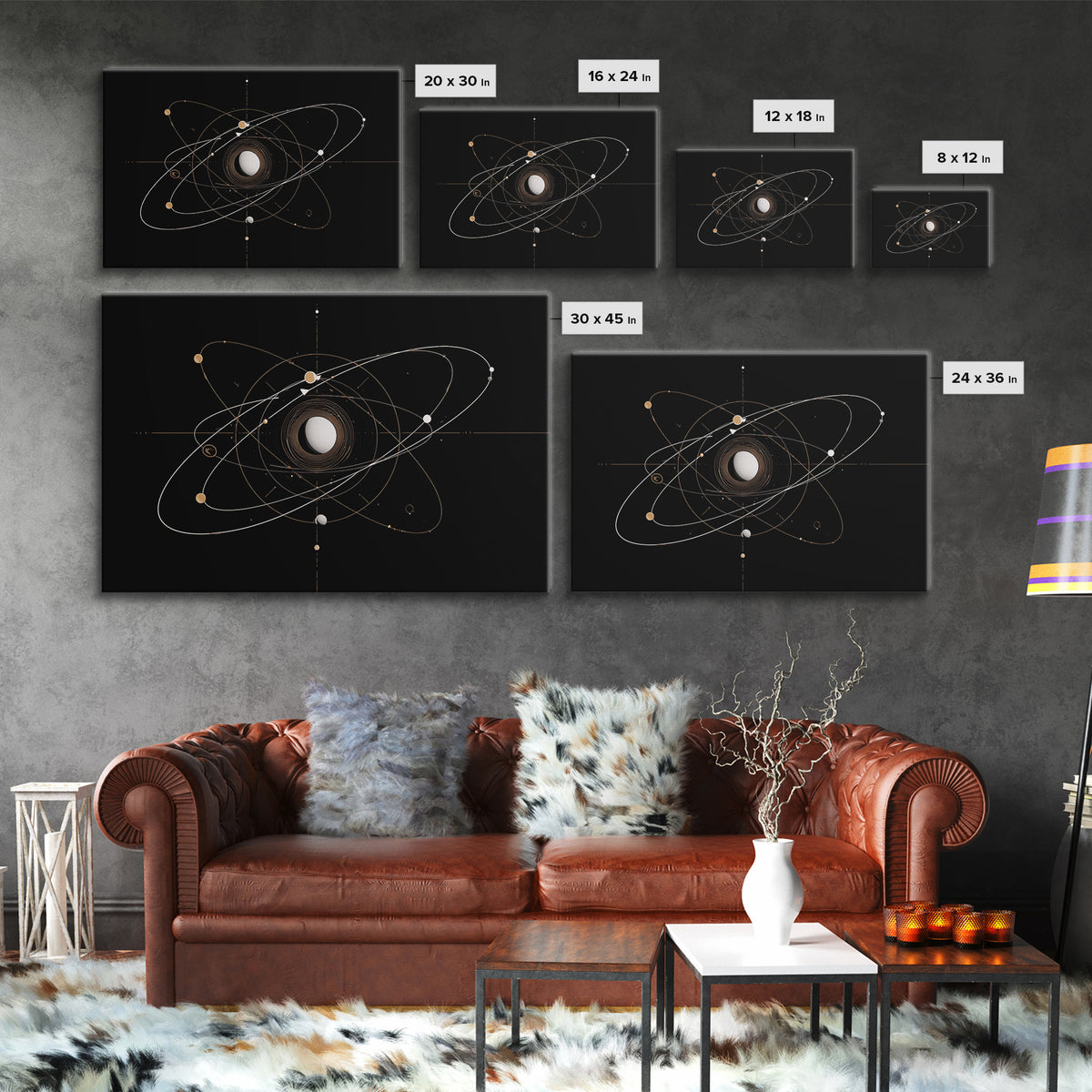 Gold Atomic Orbit Diagram Wall Art, Midcentury Modern Space Abstract Art, Geometric Black Home Wall Decor, MCM Canvas Print