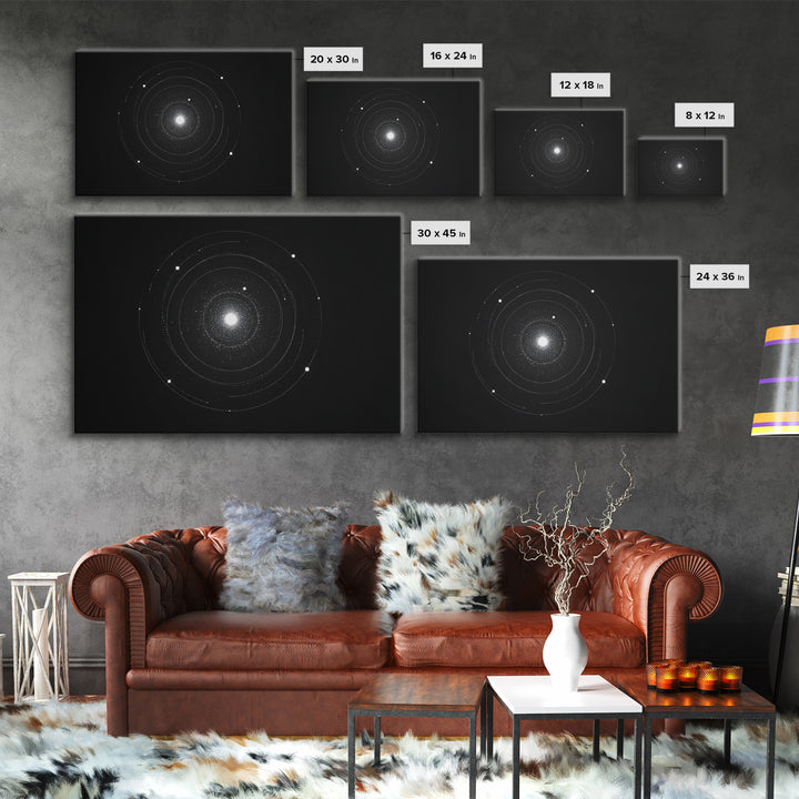Minimal Solar System Orbit Wall Art, Black And White Space Abstract Art, Modern Geometric Poster Decor, Framed Canvas Print