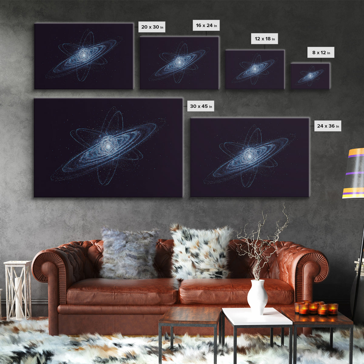 Blue Particle Galaxy Orbit Wall Art, Cosmic Retro Art, Space Abstract Art Print, Modern Geometric Home Decor, Canvas Print