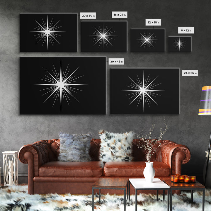 Sharp White Starburst Wall Art, Midcentury Atomic Art Print, Black Minimalist Modern Poster Decor, Geometric Canvas Print
