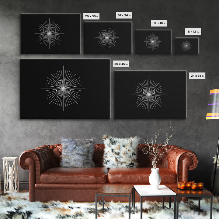 Radial Atomic Star Compass Wall Art, Black And White Midcentury Art Print, Minimalist Geometric Modern Decor, Canvas Print