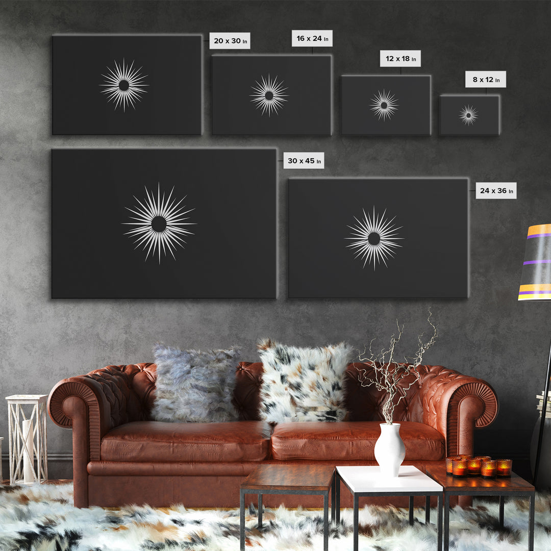 White Sunburst Eclipse Wall Art, Minimalist Black Modern Art Print, Midcentury Atomic Geometric Decor, Framed Canvas Print