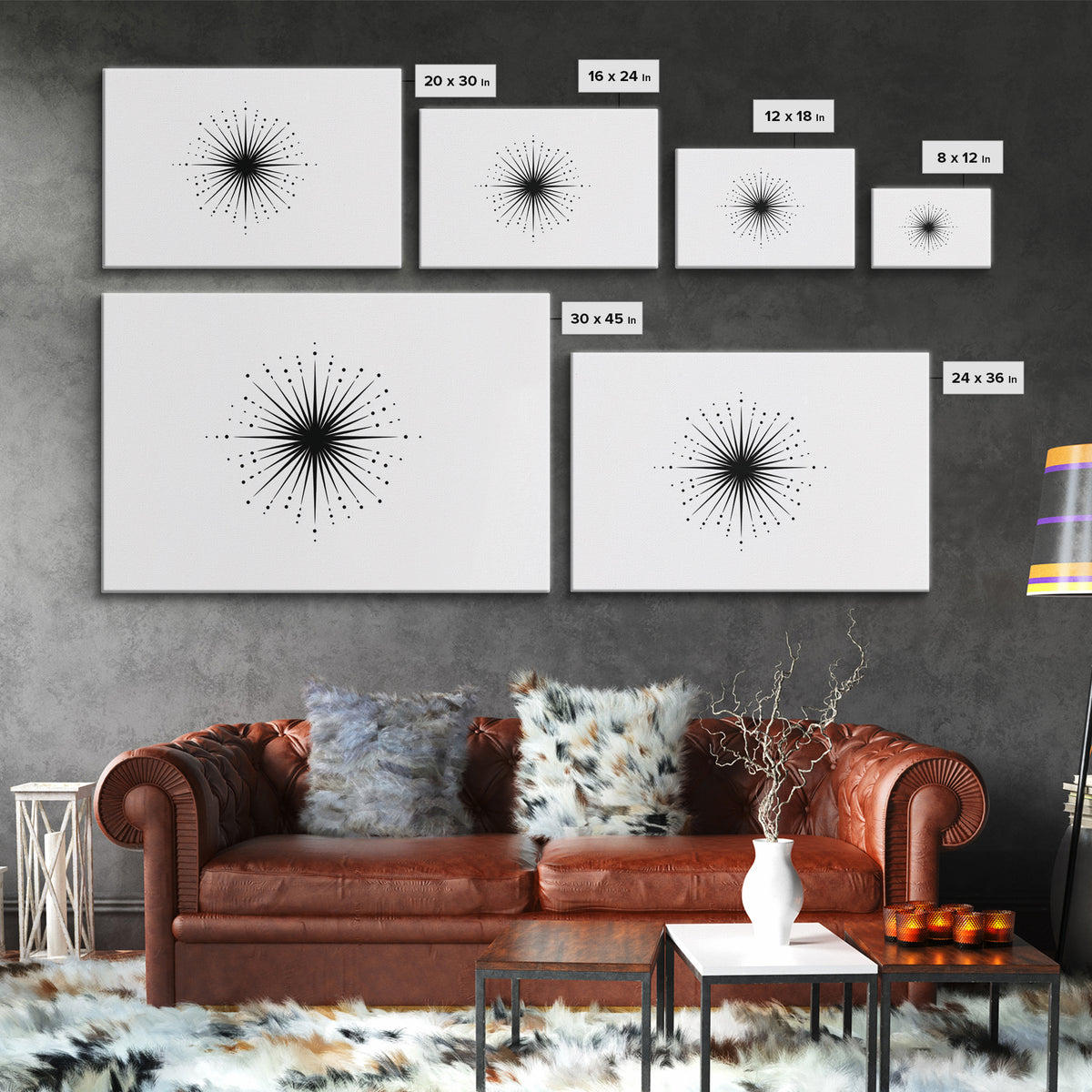 Black Radial Starburst Wall Art, Minimalist Modern Abstract Art Print, Geometric Dots Decor Poster, Midcentury Canvas Print