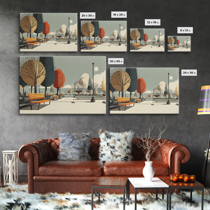 Autumn Lakeside Park Wall Art, Midcentury Modern Print, Scenic City Landscape Poster, Retro Bench Living Room Decor, Office Wall Decor